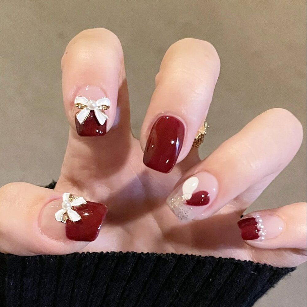 24pcs Short Square 3D Bow Decor Press-on Nail
